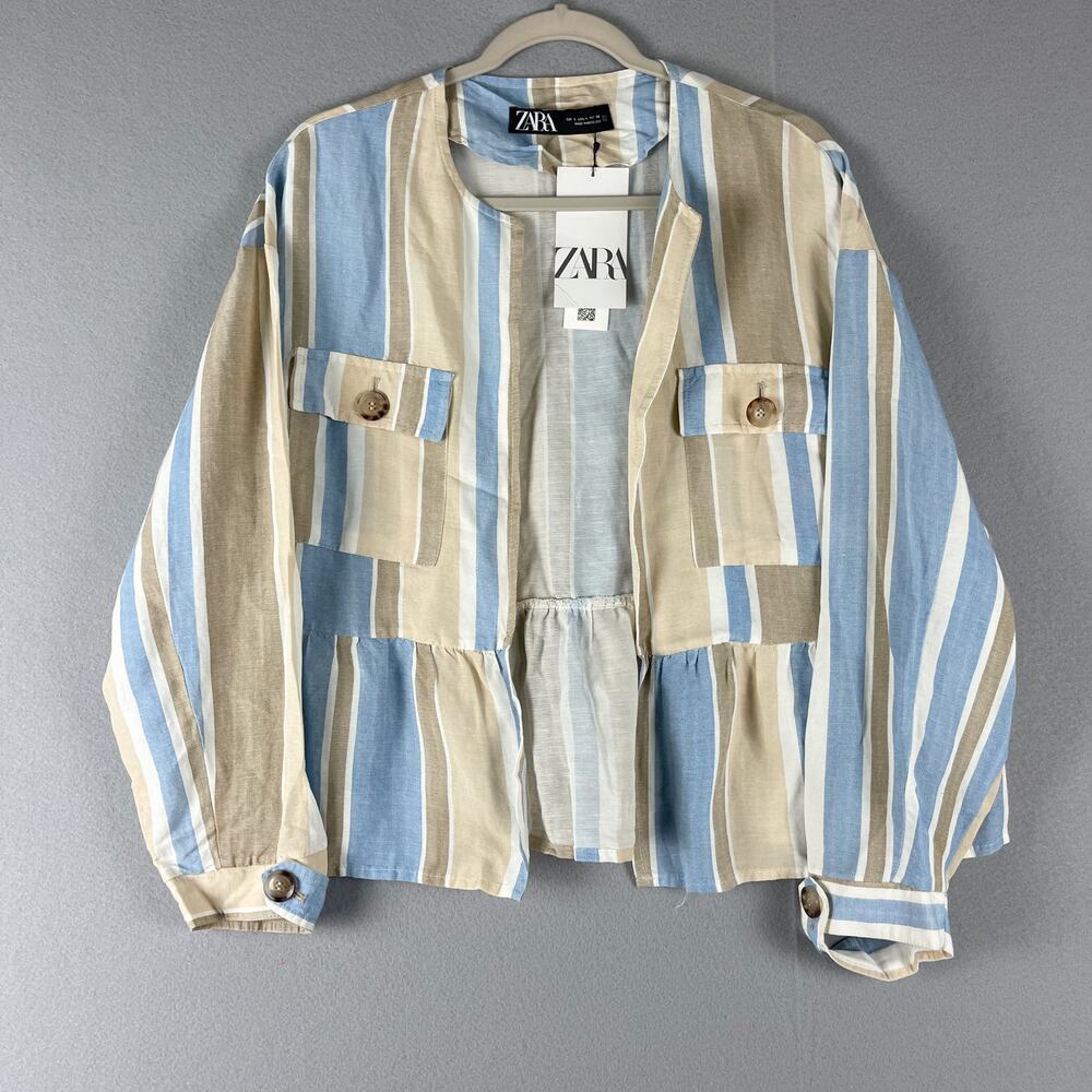 Zara Linen Blend Jacket Womens Large Striped Blue Open Front Peplum NWT